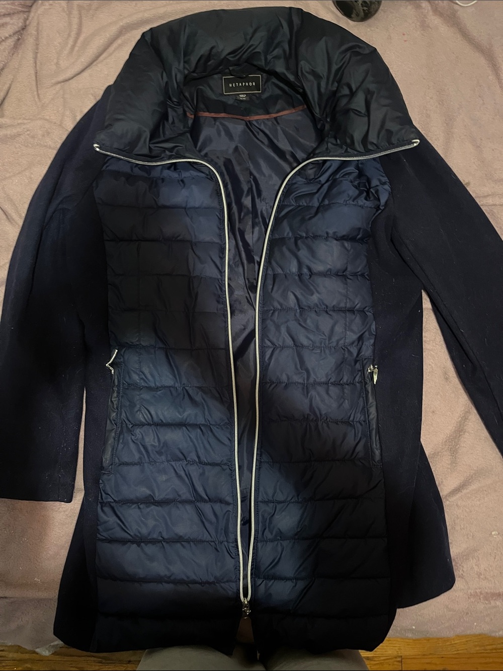 Metaphor Navy Quilted Hybrid Puffer Coat with High Collar